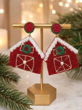Country Christmas Barn Party Day At The Farm Beaded Earrings